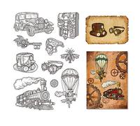 CRASPIRE Train Clear Rubber Stamps Steampunk Trasparente Vintage Silicone Car Parachute Seals Timbro Journaling Card Making Fai da Te Scrapbooking Album Fotografico Pellicola Decorativa Cornice