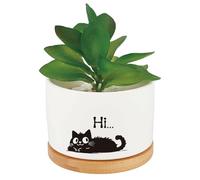 CRASPIRE Vasi per Piante in Ceramica Bianca A Forma di Gatto Nero Graziosi Vasi per Piante Grasse Cactus Fiori Contenitori in Porcellana Vassoio in Legno con Foro di Drenaggio Decorazione per Ufficio