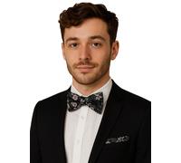 Cravatta A Farfalla Grigia Da Uomo E Fazzolettino Pocket Quadrato Floreale Rosa