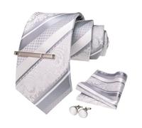 Cravatte da uomo in nastro grigio bianco Gemelli con fermacravatta Set 8 cm Collo in seta for Festa di nozze Affari(Color 1)