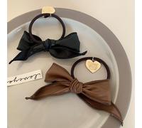 Cravatte per capelli con fiocco per donne e ragazze, 2 pezzi, in pelle PU nera, marrone, con fiocco, per capelli lunghi e spessi, nessun danno, ciondolo a forma di cuore, corda elastica per capelli
