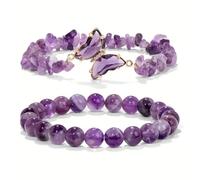 crayfomo 2 pezzi farfalla naturale ametista braccialetto, bracciale impilabile, perline, ricchezza aiuta la fortuna, regalo di lusso leggero per il compleanno di un uomo, regalo di gioielli da donna