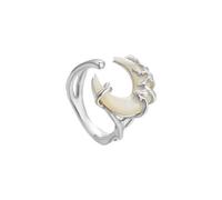 crayfomo Anello A Mezzaluna Luna Fatto A Mano-Fusa In Rame E Guscio Naturale Con Cinturino Aperto Regolabile, Trama Di Lava Color Argento Boho
