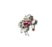 crayfomo Anello in cristallo con fiocco d'argento e cuore rosa da donna: design del nastro 3D, cristallo ispirato alla rosa, stile romantico dolce