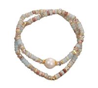 crayfomo Bracciale Bohemian Pearl & Stone-Vintage a doppio strato con perline in pietra di Shoushan con vera perla d'acqua dolce Center, gioielli unici terrosi