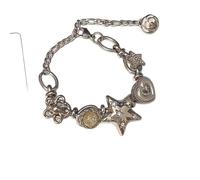 crayfomo Bracciale da donna con ciondoli in tono argento: ciondoli a forma di stella mista a cuore, accenti di cristallo scintillante, stile Boho vintage