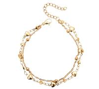 crayfomo Bracciale Doppia Catena Dorato, Bracciale a Strati con Cuori e Dettagli a Perle, Gioiello Polso Leggero con Design a Lunghezza Regolabile