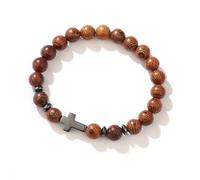 crayfomo Bracciale uomo con perline di legno e ematite con ciondoli a croce-Bracciale regolabile in legno di pietra nera stile rosario