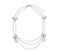 crayfomo Collana di perle multistrato con fiocco di strass, adatta per più occasioni, perla di vetro e lega placcata con grandi texture, per le donne