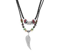 crayfomo Collana di perline a doppio strato con piume in lega da uomo cordicella di pelle nera con ciondolo alare a strati di Boho gioielli da lavoro regalo