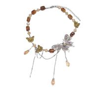 crayfomo Collana girocollo con perline a farfalla vintage con ciondoli con nappa, collana con perline di agata marrone e cristallo, adatta per la datazione, feste e regali
