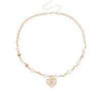 crayfomo Collana girocollo con perline e cuore dorato da donna, ciondolo con cuore in filigrana, gioielli romantici a strati