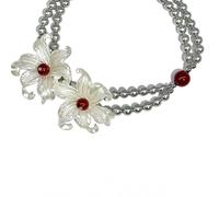 crayfomo Collana girocollo di fiori con perline a doppia fila-Giglio d'argento e gemme rosse per le donne, Boho Festival e regalo per occasioni speciali