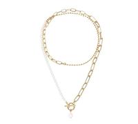 crayfomo Collana Stratificata Oro Massiccio con Perle e Graffetta per Donne, Catena Media Mista e Filo di Perle con Chiusura Toggle e Pendente a Goccia, Gioielli Vintage Francesi