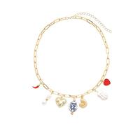 crayfomo Collana vintage francese multi-charm con peperoncino, cuore, conchiglia e perle d'imitazione barocche, catena di graffette placcate in oro gioielli da donna
