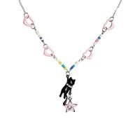 crayfomo Cute Black Cat Heart Necklace - Colorful Beaded Chain with Pink Heart & Star Pendant, Playful Animal Jewelry for Women