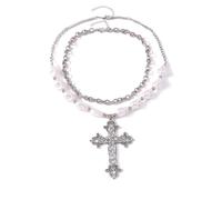 crayfomo Set di collana di perle gotiche, girocollo a catena con ciondolo a croce delicata, gioielli eleganti e con fascino da donna