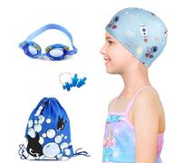 crazy bean 4 Pezzi Set Occhialini Nuoto Bambini Occhialini Piscina Protezione UV con Silicone Cuffia Nuoto Bambini,Tappi per le Orecchie e Clip per il Naso, Borsa Coulisse per Bambino (Blu)