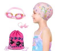 crazy bean 4 Pezzi Set Occhialini Nuoto Bambini Occhialini Piscina Protezione UV con Silicone Cuffia Nuoto Bambini,Tappi per le Orecchie e Clip per il Naso, Borsa Coulisse per Bambino (Rosa)