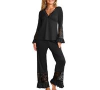 crazy bean Pigiama Donna Manica Lunga e Pantaloni in Pizzo Maglietta Scollo a V Maniche Lunghe con Volant Due Pezzi Leggero Elegante per Primavera Autunno Nero M