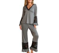 crazy bean Pigiama Donna Manica Lunga e Pantaloni in Pizzo Maglietta Scollo a V Maniche Lunghe con Volant Due Pezzi Leggero Elegante per Primavera Autunno Grigio XL