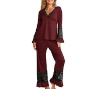 crazy bean Pigiama Donna Manica Lunga e Pantaloni in Pizzo Maglietta Scollo a V Maniche Lunghe con Volant Due Pezzi Leggero Elegante per Primavera Autunno Rosa XL