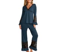 crazy bean Pigiama Donna Manica Lunga e Pantaloni in Pizzo Maglietta Scollo a V Maniche Lunghe con Volant Due Pezzi Leggero Elegante per Primavera Autunno Blu L