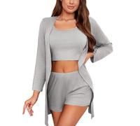 crazy bean Pigiama Estivo Elegante da Donna in Cotone Pigiama Sexy da Donna A Maniche Corte 3 Pezzi Pigiama Morbido Loungewear Giacca a Maniche Corte e Pantaloncini Grigio L