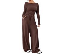 crazy bean Tuta Sportiva Invernale e Casual da Donna Tuta da Donna Elegante Curvy 2 Pezzi Casual Completa Manica Lunga Set Maglia a Pantaloni Sportivi con Elastico in Vita Marrone Caffè S