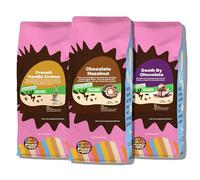 Crazy Cups Confezione di varietà di caffè macinato aromatizzato decaffeinato, include crema alla vaniglia francese, cocco caraibico e nocciole, in sacchetti da 295 ml, per preparare caffè decaffeinato