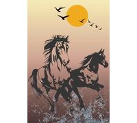 Crazy gallop.: Horses galloping in the water at sunset.
