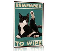 Crazysign Divertente cartello decorativo per il bagno con gatto smoking, con scritta in lingua inglese "Remember to wipe", per bagno, WC, decorazione da parete, 20,3 x 30,5 cm (3155)