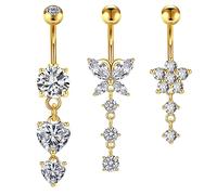 Crdifu 3pz Barra ombelicale 10mm Oro 14G Anello ombelicale Acciaio chirurgico Farfalla Cuore Fiore con ciondolo Piercing pancia Gioielli