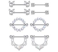 Crdifu 4 paia di anelli per capezzoli in argento Set di anelli per paracapezzoli 14G in acciaio inossidabile con gioielli per piercing al capezzolo CZ Opal Crystal