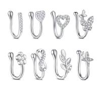Crdifu Piercing Naso Finto Argento Oro Oro Rosa Farfalla Fiore Cuore | Anello Naso Senza Buco, Nose Cuff a Clip con Foglia, Infinito, Pianeta & Zircone