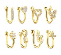 Crdifu Piercing Naso Finto Argento Oro Oro Rosa Farfalla Fiore Cuore | Anello Naso Senza Buco, Nose Cuff a Clip con Foglia, Infinito, Pianeta & Zircone