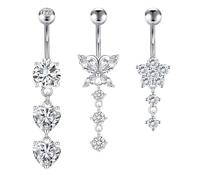 Crdifu Piercing Ombelico Argento 14G 10mm Piercing all'Ombelico Farfalla | Banana Ombelico 1,6mm, Cuore, Fiore & Cristallo, 3 Pz, per Donna, Acciaio Inossidabile 316L