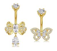 Crdifu Piercing per ombelico, 14G, 10 mm, in argento e oro, 1,6 mm, piercing per ombelico, fiore, farfalla, acciaio inox 316L, set da 2 piercing per addominali con pietra glitterata, cristallo a