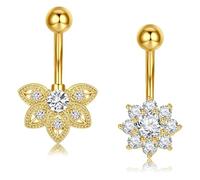 Crdifu Piercing per ombelico, 14G, 10 mm, in argento e oro, 1,6 mm, piercing per ombelico, fiore, farfalla, acciaio inox 316L, set da 2 piercing per addominali con pietra glitterata, cristallo a