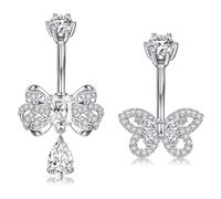 Crdifu Piercing per ombelico, 14G, 10 mm, in argento e oro, 1,6 mm, piercing per ombelico, fiore, farfalla, acciaio inox 316L, set da 2 piercing per addominali con pietra glitterata, cristallo a