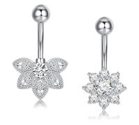 Crdifu Piercing per ombelico, 14G, 10 mm, in argento e oro, 1,6 mm, piercing per ombelico, fiore, farfalla, acciaio inox 316L, set da 2 piercing per addominali con pietra glitterata, cristallo a