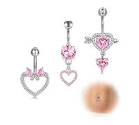 Crdifu Piercing per ombelico con ciondolo a forma di cuore rosa, in acciaio inox, 10 mm, 14 G, con fiocco e ali d'angelo, ipoallergenico per ombelico da donna, gioiello per piercing all'ombelico, 14G