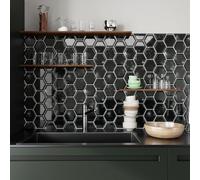 CRE8TIVE Piastrelle esagonali nere autoadesive, effetto marmo, vinile impermeabili, cucina, bagno, camino, lavandino, 30,5 x 30,5 cm, 4 pezzi