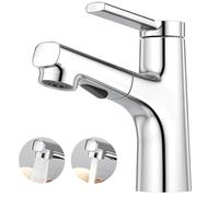 CREA Rubinetto Bagno Lavabo Estraibile, Moderno Miscelatore Monocomando Rubinetto per Lavabo con 2 Funzioni di Getto D'acqua a Doccia, Ottone Cromato Lucido