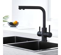 CREA Rubinetto da cucina a 3 vie, nero, girevole a 360°, rubinetto da cucina, 3 in 1, per filtro dell'acqua, rubinetto da cucina con 2 leve, rubinetto a tre vie, rubinetto da cucina in acciaio inox,