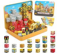 CREAFOMIFE 54 Pezzi Blocchi Magnetici Mini, Giocattoli da Viaggio con Scatola Portatile in Ferro per Bambini 3+, Cubi Magnetici a Tema Costruzioni per Viaggi in Aereo e Auto