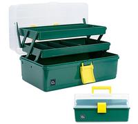 Creahaus Scatola portaoggetti multiuso a 3 strati, 33 cm, con scomparti, in plastica, per medicine, accessori per capelli, scatola da cucito, con 2 vassoi (verde scuro)