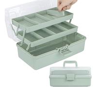 Creahaus Scatola portaoggetti multiuso a 3 strati, 35,6 cm, con scomparti, in plastica, per medicine, accessori per capelli, scatola da cucito, con 2 vassoi (verde)