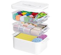 Creahaus Scatola portaoggetti multiuso a 3 strati, con 2 vassoi rimovibili, impilabile, con coperchio e manico, scatola portatile per medicine per organizzare strumenti, cucito, arte