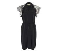 Cream Women's Cocktail Dress V-Notch Neck Lace Sleeves Knee Length Tying Belt Vestito, Pitch Black, 48 Donna